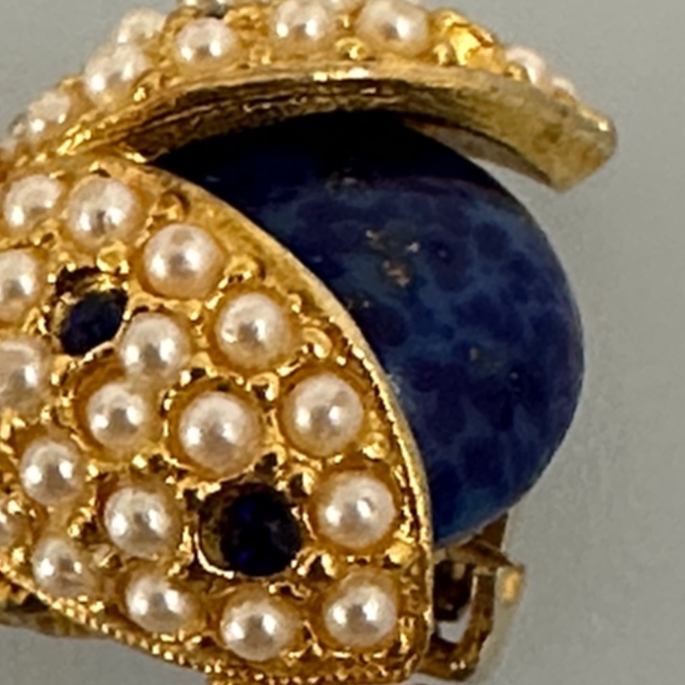 Gold-Tone Pearl & Lapis Stone Ladybug Brooch - Designer Style - Picture 3 of 5